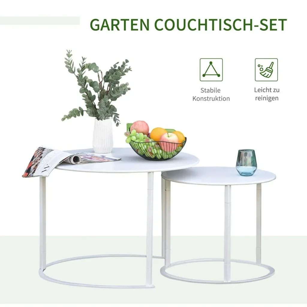 Beistelltisch, 2er Set, Garten Couchtisch, Kaffeetisch mit erhöhten Kanten, Wohnzimmer, Metall Weiß, Ø70 x 50 cm