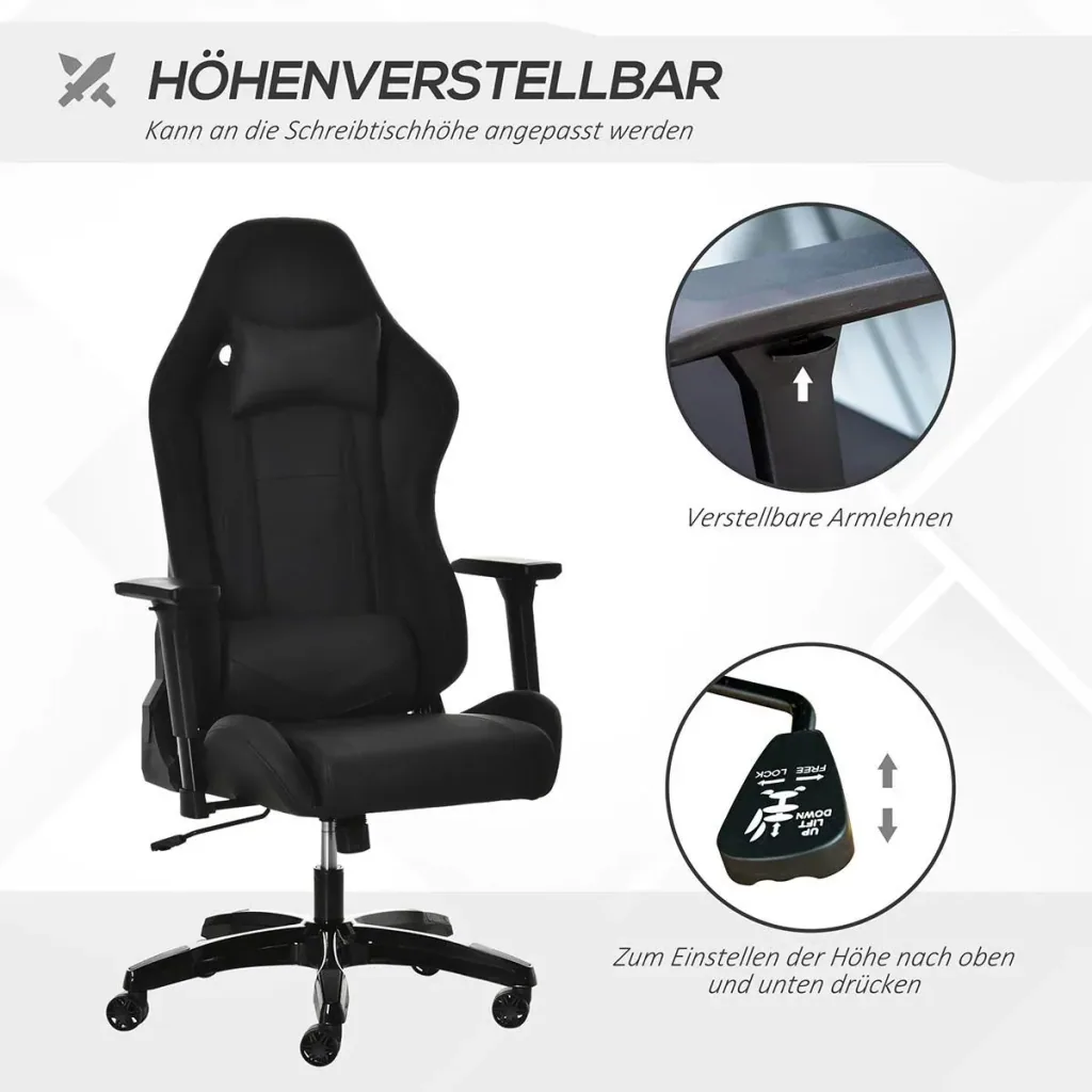 Gaming Stuhl mit Wipp- & Liegefunktion Bürostuhl ergonomischer Drehstuhl mit Kopfstütze Lendenkissen höhenverstellbar 90