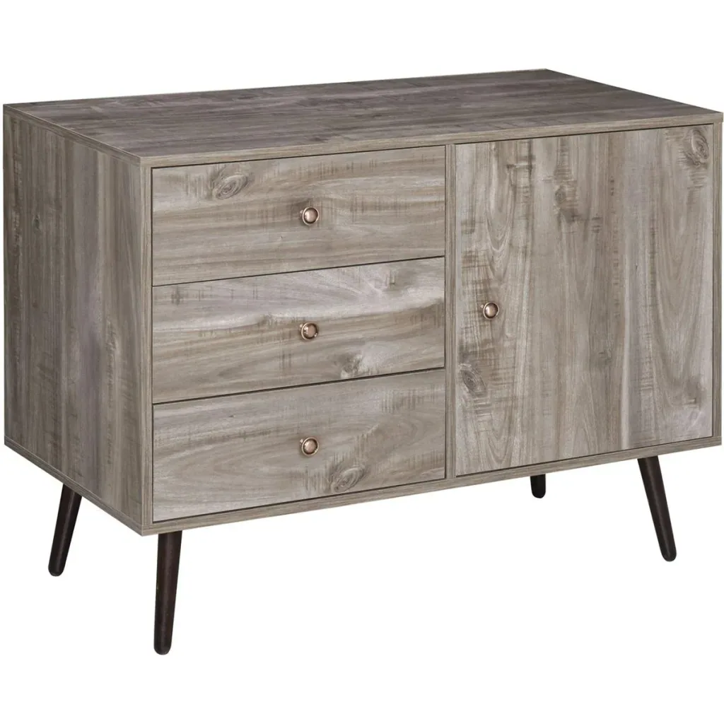Sideboard Kommode Beistellschrank Bücherschrank Standschrank mit Tür und 3 Schubladen, Kiefer, Graue Holzmaserung, 102 x