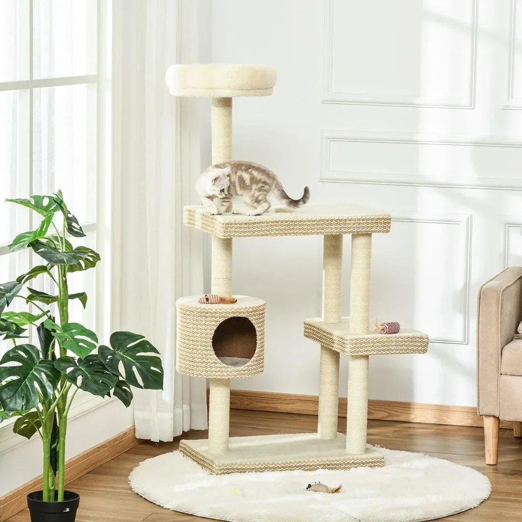 Katzenkratzbaum Katzenspielzeug Kletterbaum Sisal Polster Liegefläche Sisal samtartiges Polyester Beige+Kaffee