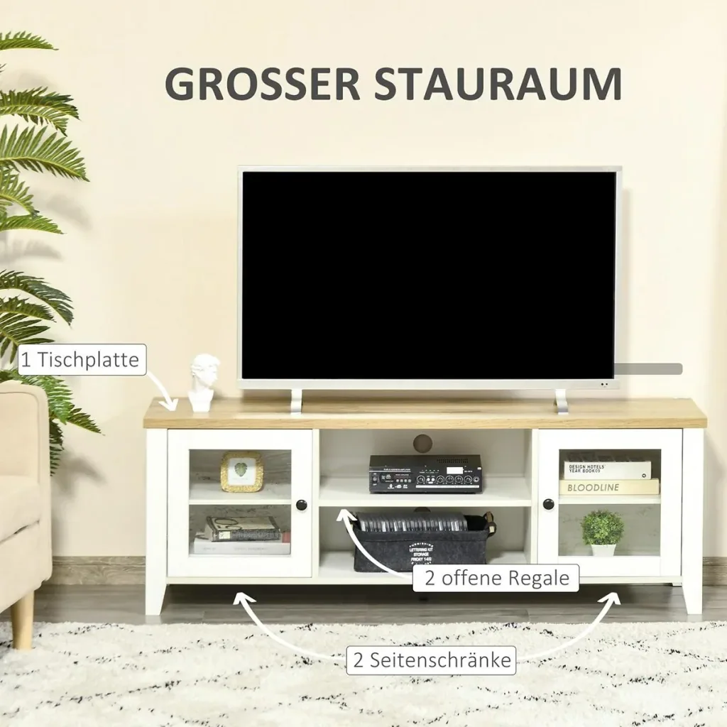 TV-Lowboard Fernsehtisch Fernsehschrank für Fernseher bis zu 60 Zoll mit 2 Glas Türen Regal verstellbar Weiß+Eiche 140 x