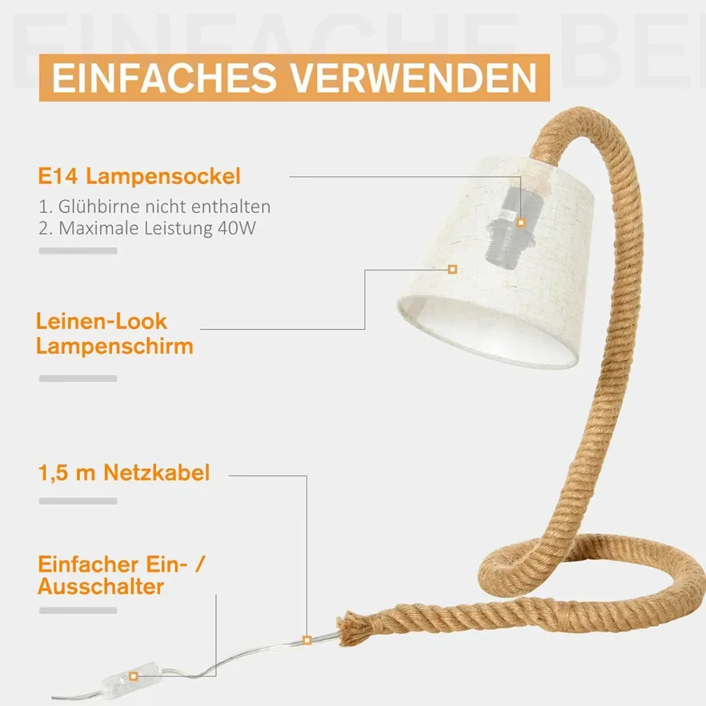 Tischlampe mit Hanfseilsockel beige