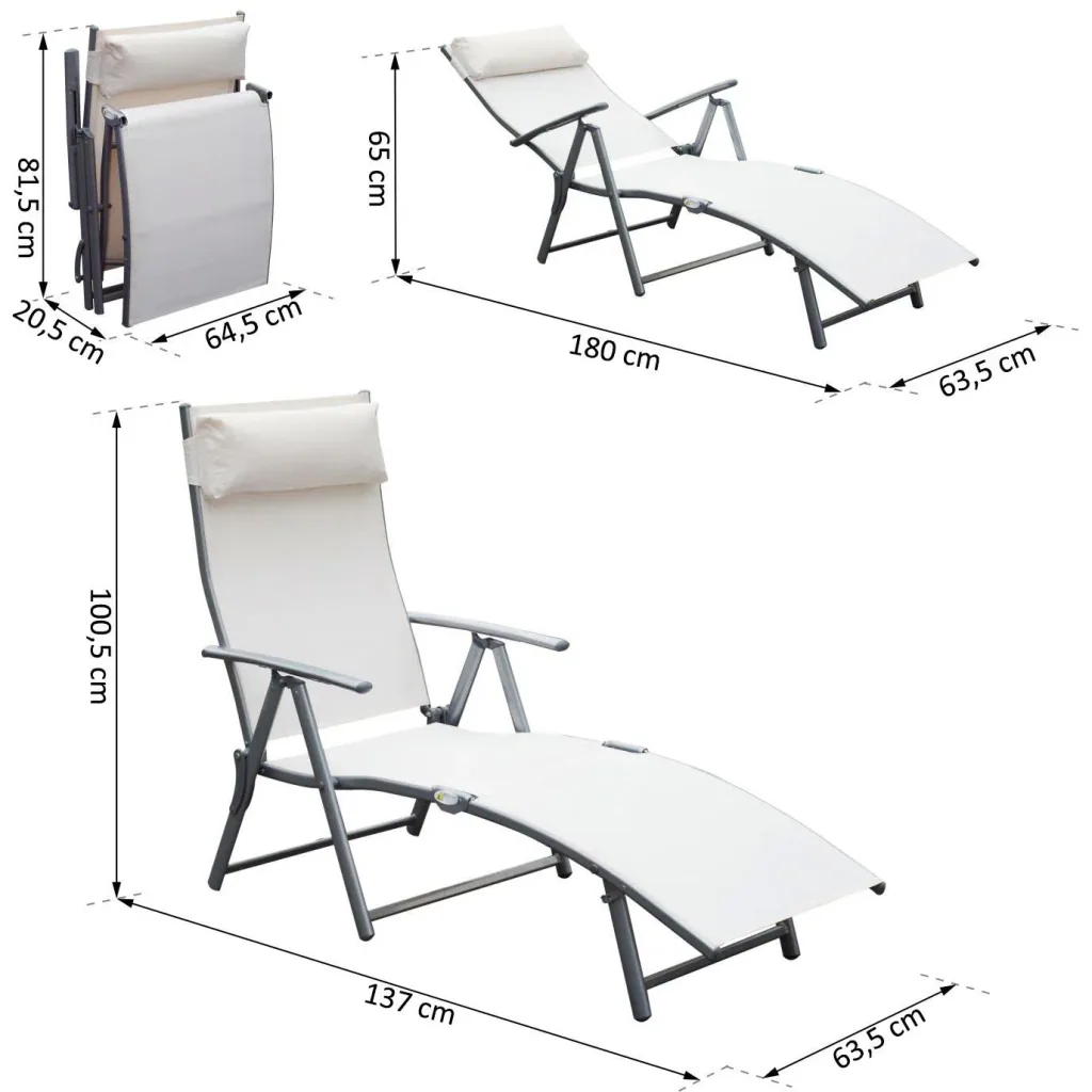 Sonnenliege Strandliege Relaxliege klappbar mit Kissen Cremeweiß 137 x 63,5 x 100,5 cm
