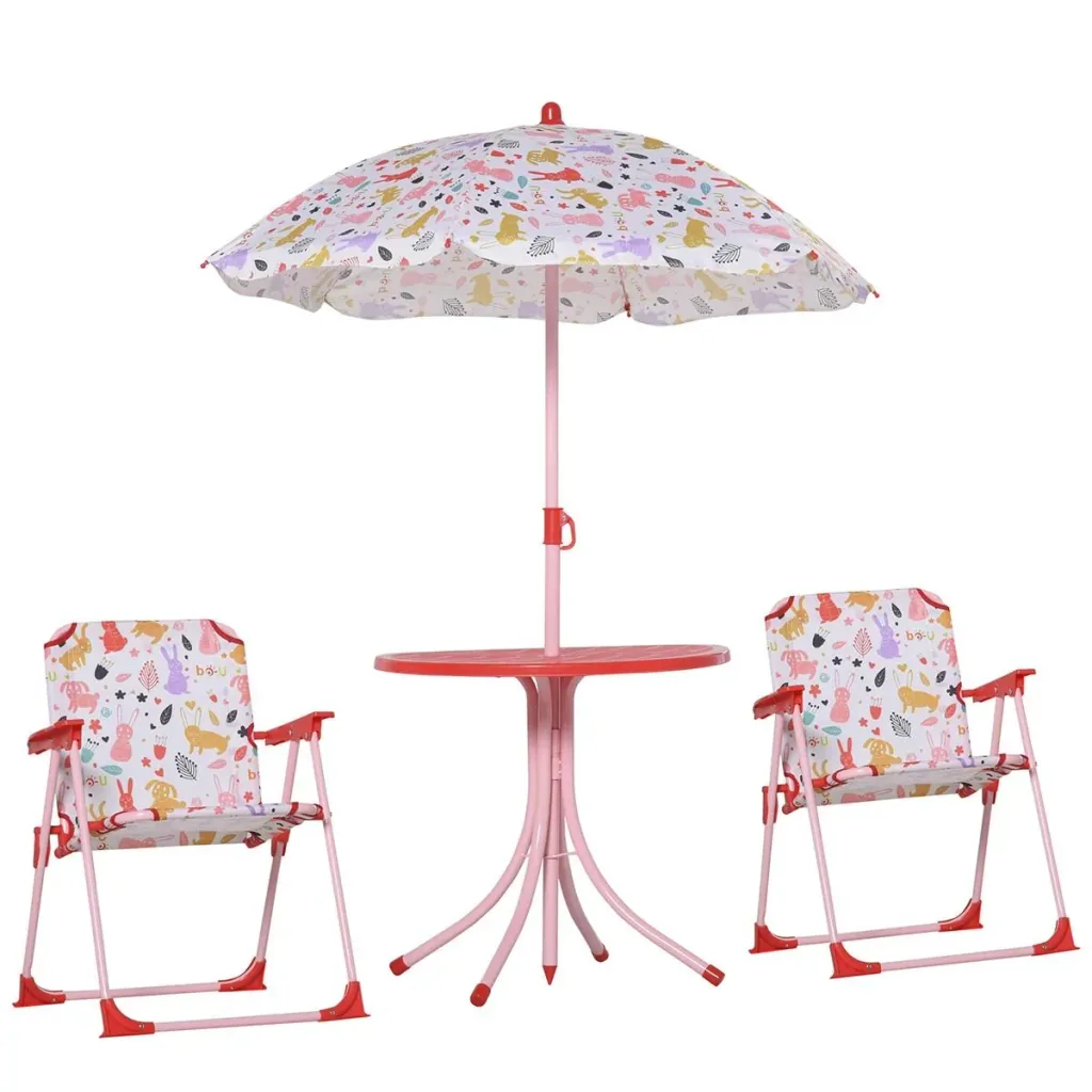 4tlg. Kindersitzgruppe Gartentisch 2 Klappstühle Sonnenschirm Camping Kindersitzgarnitur Gartenmöbel für 3-5 Jahre Rot