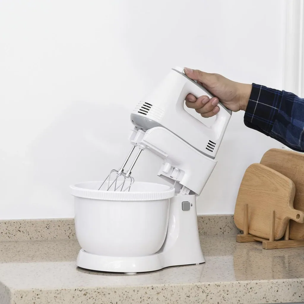 2 in 1 Handrührer Elektrisches Handmixer-Set mit Tischständer 3,4-Liter-Rührschüssel 300W 6 Geschwindigkeiten inclusive