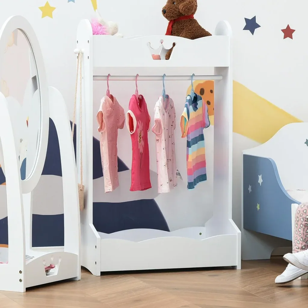 Kinder-Kleiderständer Garderobenständer mit Kleiderstange Kinderzimmer für 3-8 Jahre Kinder Weiß MDF Kiefernholz 63 x 37