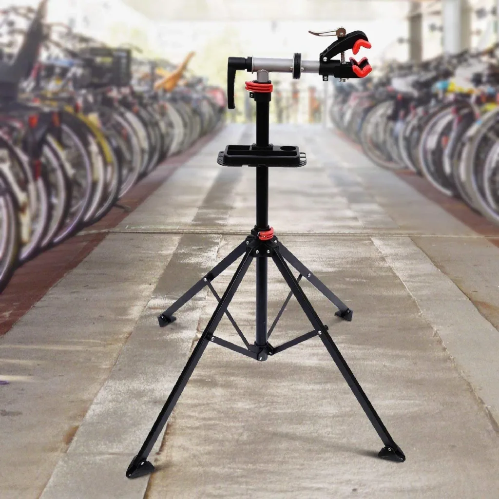 Fahrradmontageständer Reparaturständer vierbeinig mit Werkzeugablage Schwarz