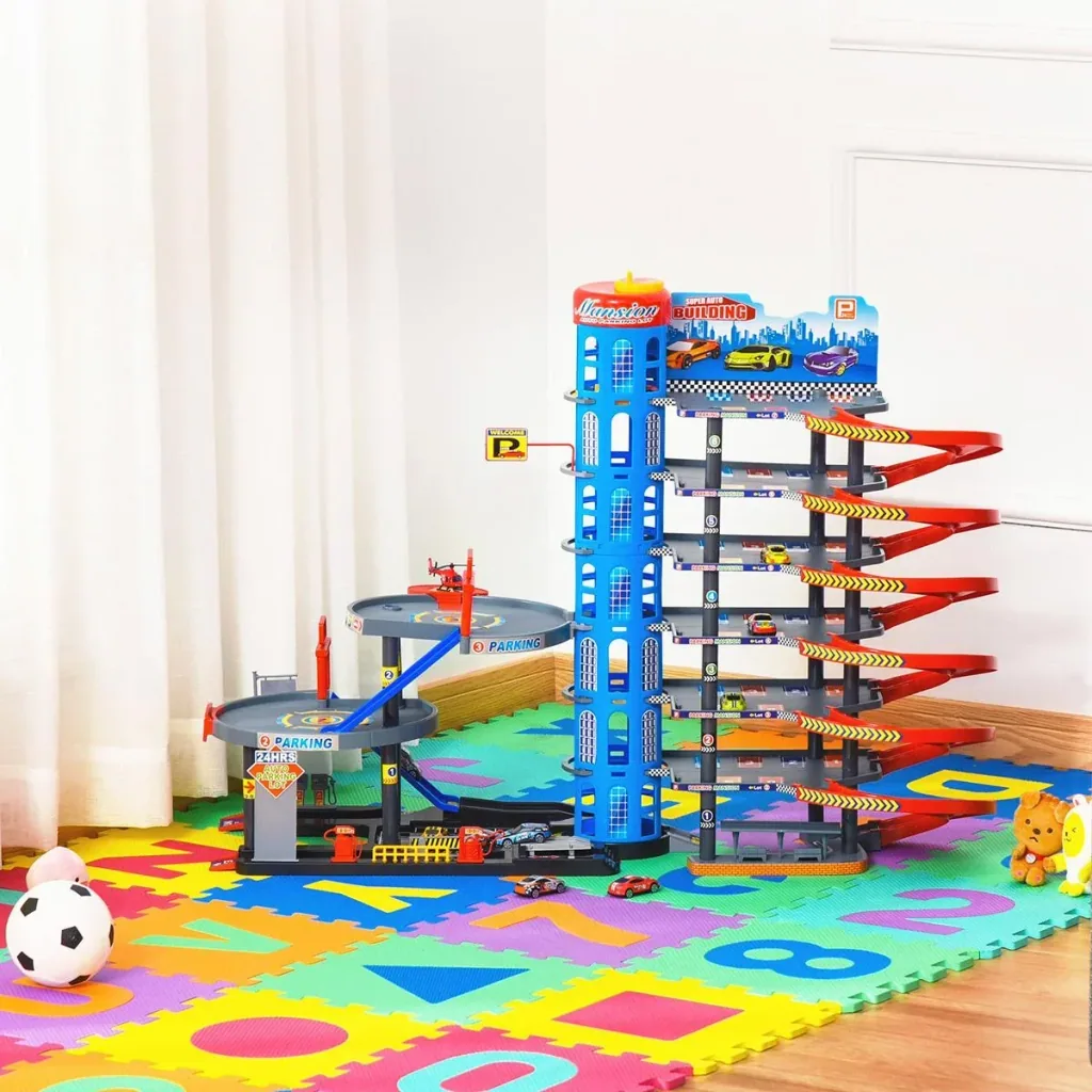 Rennbahn Kinder Autorennbahn Parkgarage für Kinder von 3 bis 6 Jahren Spielzeugautos Komplett mit Hubschrauber PP-Kunsts