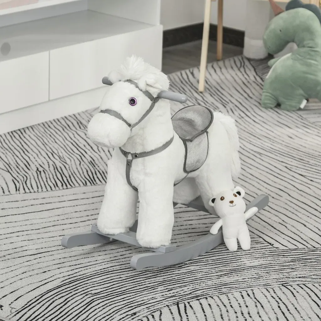 Kinder Schaukelpferd Baby Schaukeltier mit Tiergeräusche Spielzeug Haltegriffe für 18-36 Monate Plüsch Weiß 65 x 26 x 55