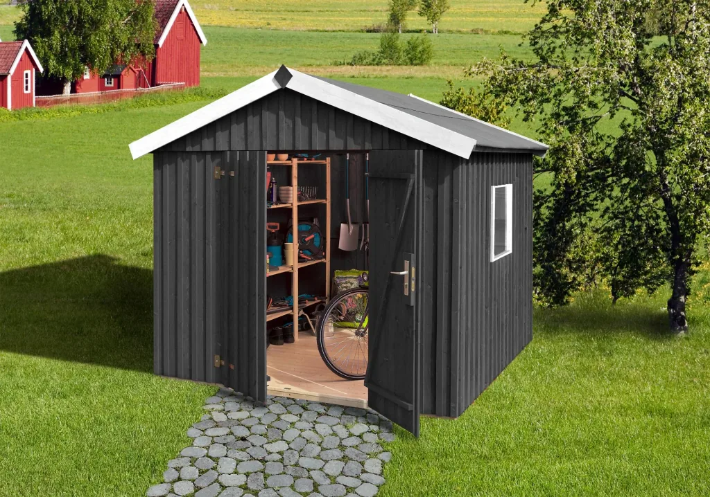 Schwedenhaus Gr. 3, L x B x H 277 x 286 x 230 cm, sägerauh, anthrazit, breite Doppeltür und Fenster