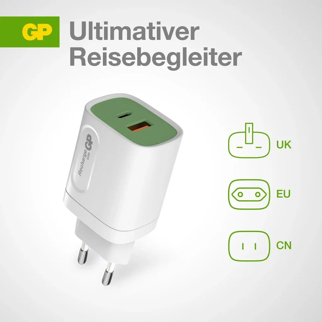 USB Schnellladeadapter mit 1 x USB-A und 1 x USB-C Anschluss inklusive Welt-Reiseadapter, max. 20 Watt