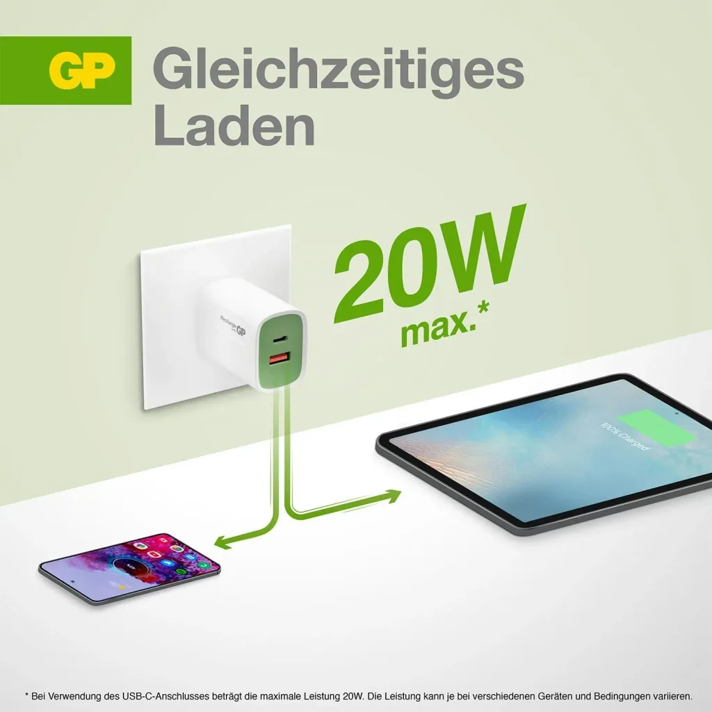 USB Schnellladeadapter mit 1 x USB-A und 1 x USB-C Anschluss inklusive Welt-Reiseadapter, max. 20 Watt