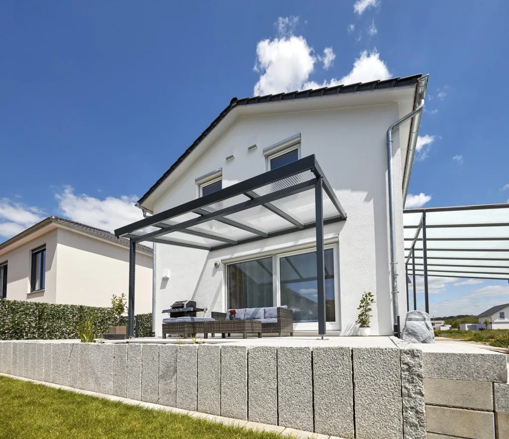 Terrassendach Premium, anthrazit, 4102 x 4060 mm - Acryl Stegplatten 16mm, klar