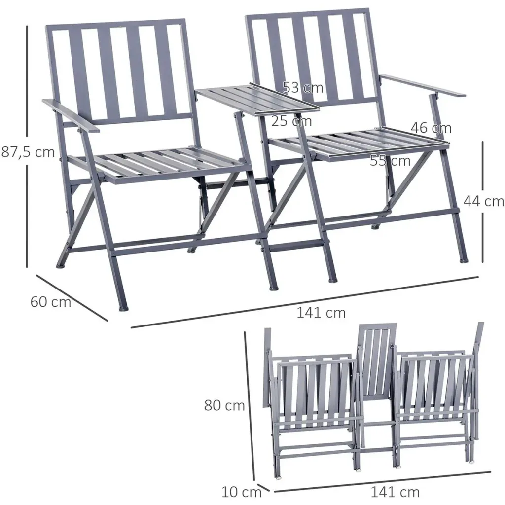 Doppel-Gartenstuhl mit Tisch klappbar grau