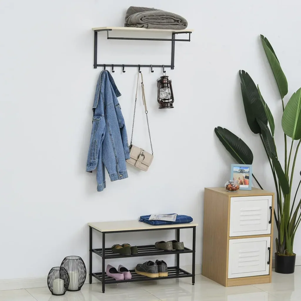 2-in-1 Garderobenset Flurgaderobe mit Sitzbank Wandgarderobe für Eingangsbereich, 6 Haken, Natur+Schwarz, 75 x 30 x 45 c