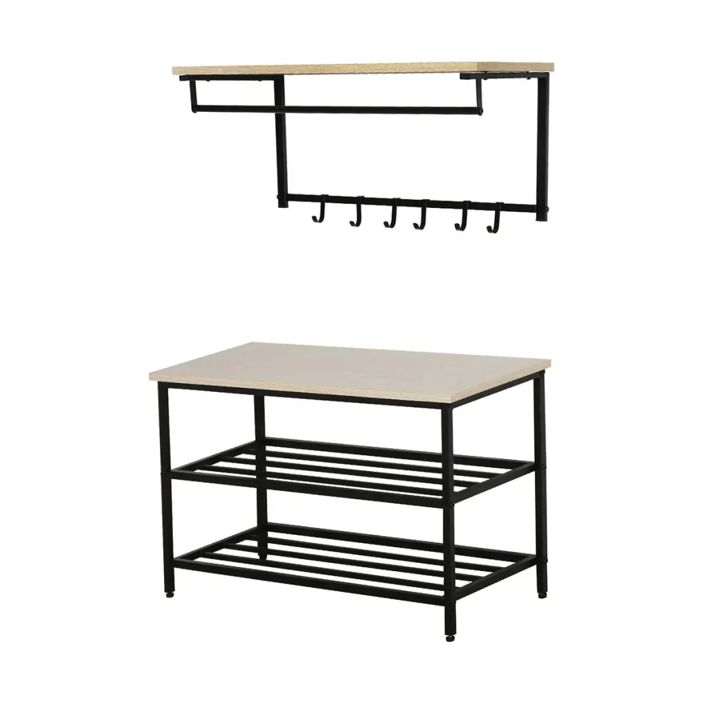 2-in-1 Garderobenset Flurgaderobe mit Sitzbank Wandgarderobe für Eingangsbereich, 6 Haken, Natur+Schwarz, 75 x 30 x 45 c