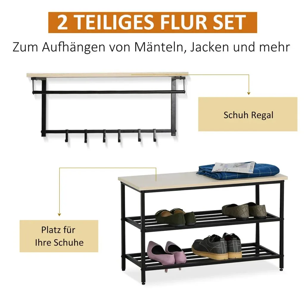 2-in-1 Garderobenset Flurgaderobe mit Sitzbank Wandgarderobe für Eingangsbereich, 6 Haken, Natur+Schwarz, 75 x 30 x 45 c