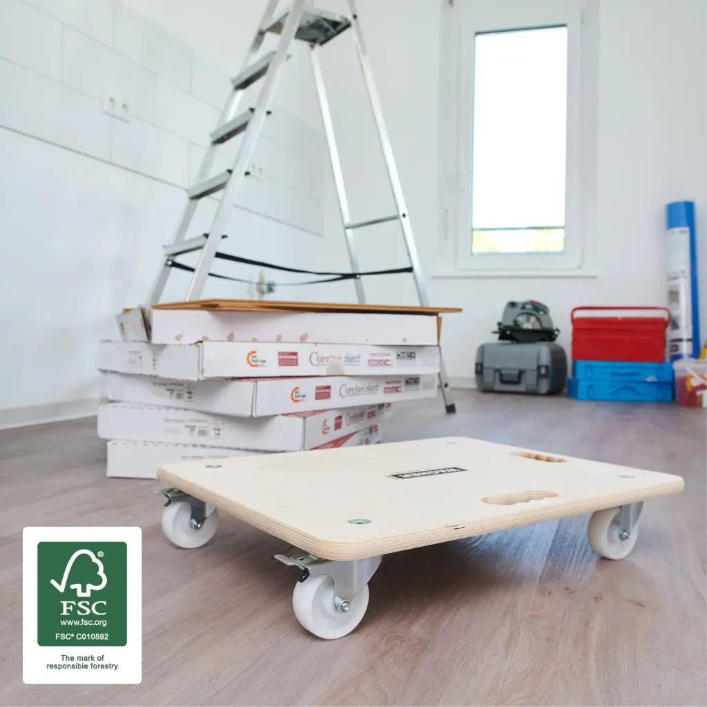 Transporthilfe MM 1116, 59 x 49 x 11 cm, harte Rollen Ø 75 mm, Rollenlager, 2 Bremsen, Multiplex FSC®, Tragkraft 250 kg
