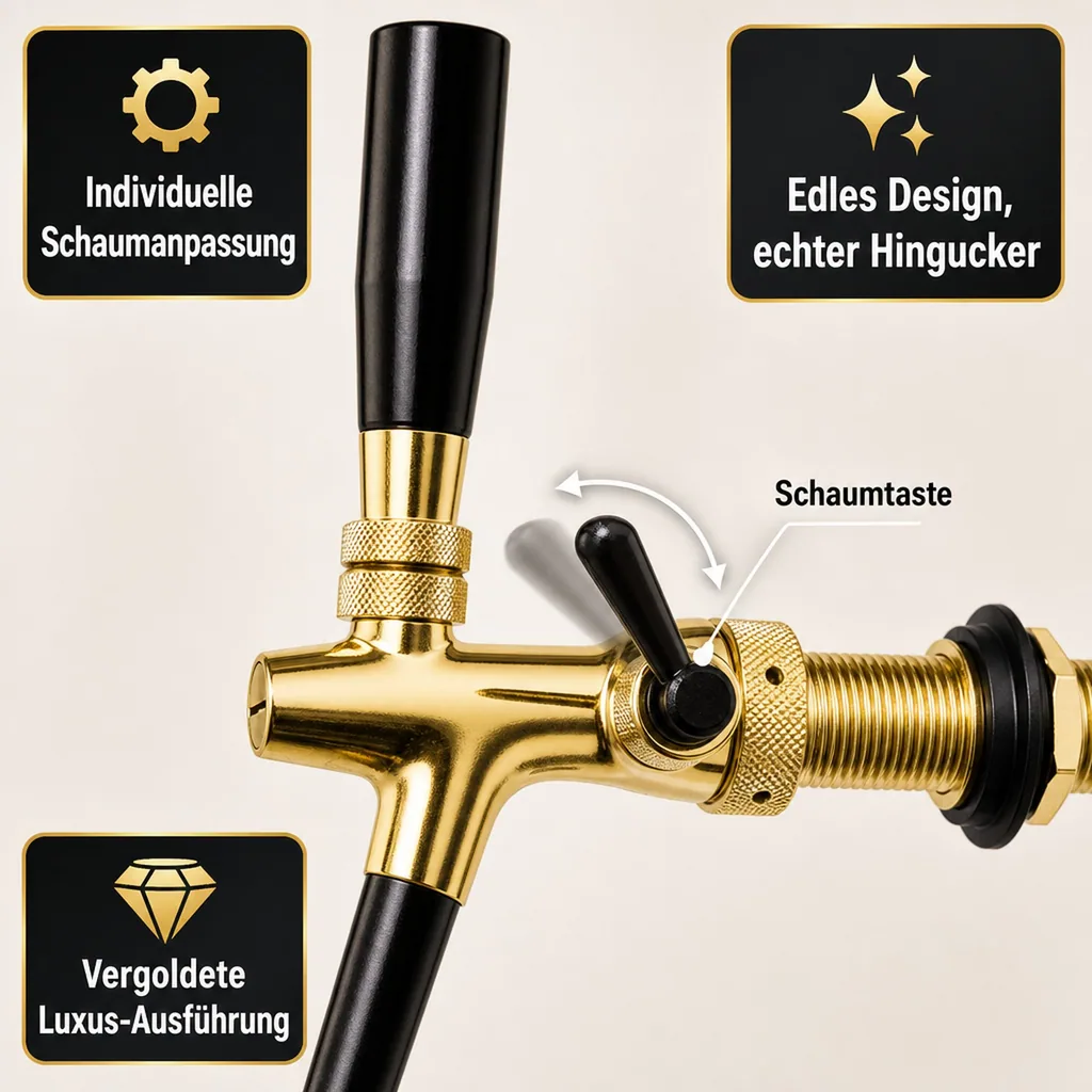 Zapfhahn, Kompensatorhahn, Bierzapfhahn, Schankhahn - vergoldet, 10 mm Ausführung, Gewindelänge: 55 mm