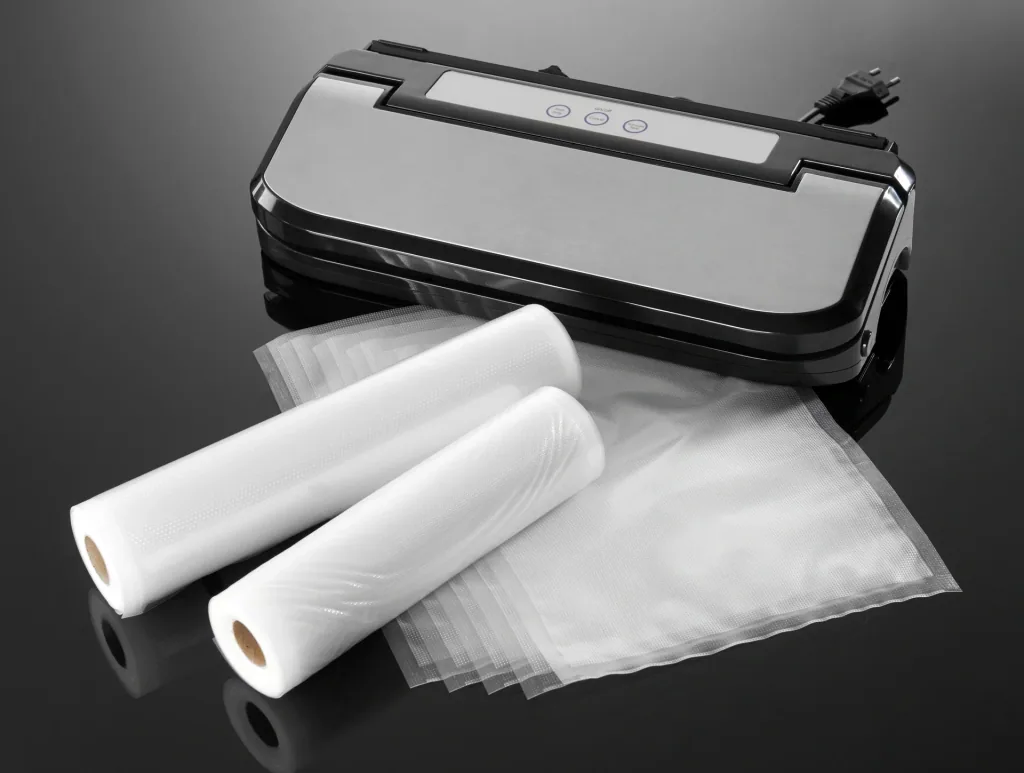 Edelstahl Vakuumierer, 150 W, GRATIS: 2 Rollen (22x500 und 28 x500 cm) + 5 Tüten