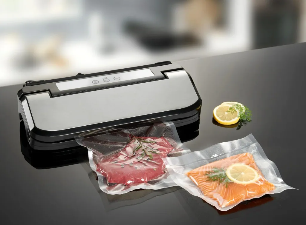 Edelstahl Vakuumierer, 150 W, GRATIS: 2 Rollen (22x500 und 28 x500 cm) + 5 Tüten