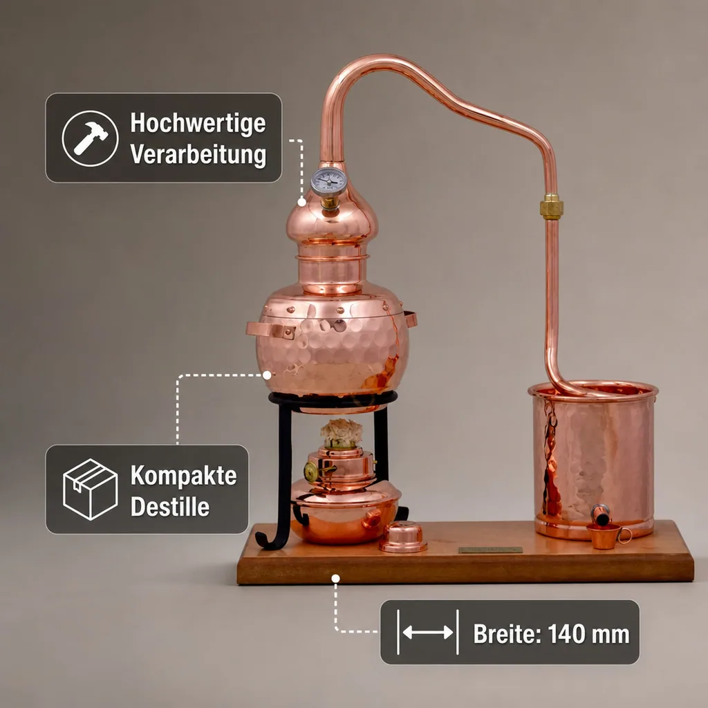 Destille, Destilliergerät, Destillationsapparatur - Alembic Set Premium, mit Spiritusbrenner und Thermometer, 0,7L