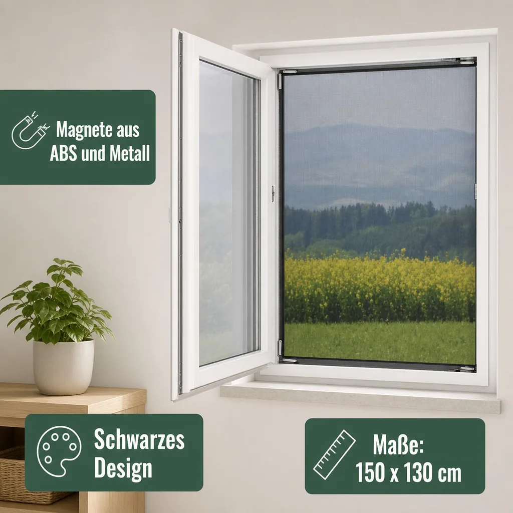 Moskitonetz für Fenster „Magic Klick“, mit Magnetbefestigung, luftdurchlässig und halbtransparent, 150 x 130 cm, Schwarz