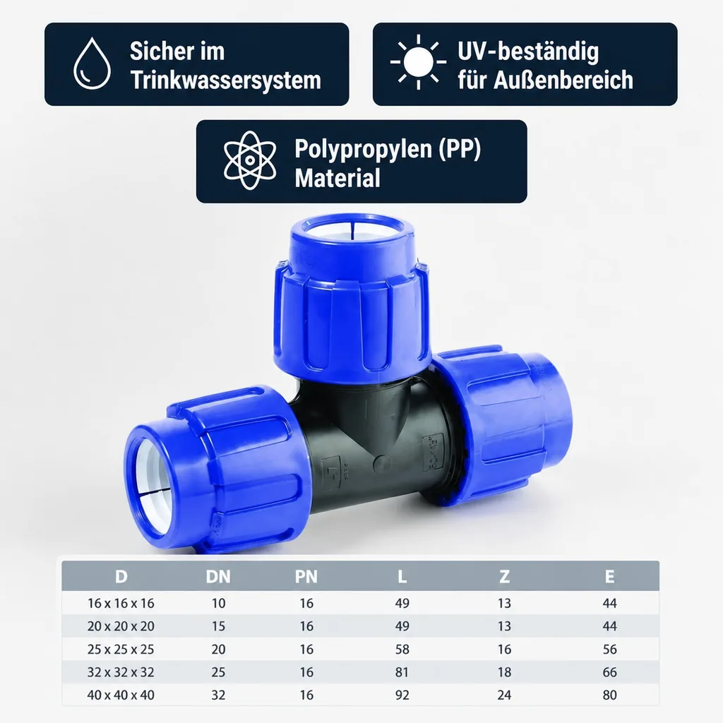 PE Rohr Verschraubung, T-Stück 40mm, Klemmverbinder, Trinkwasser