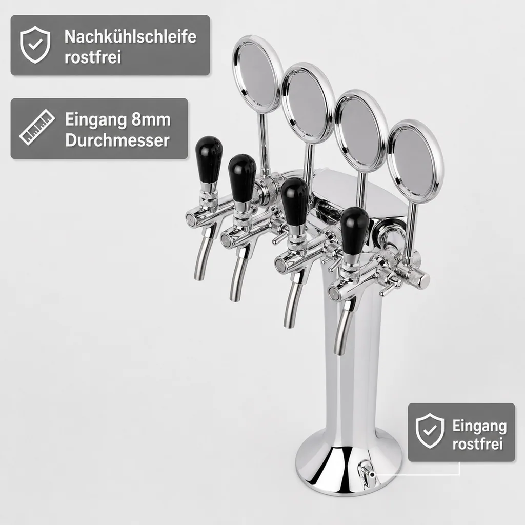 Schanksäule, Bierzapfsäule 4-leitig, Chrom - Elegante & Hochwertige für Bars & Restaurants, "Topp-Qualität!"