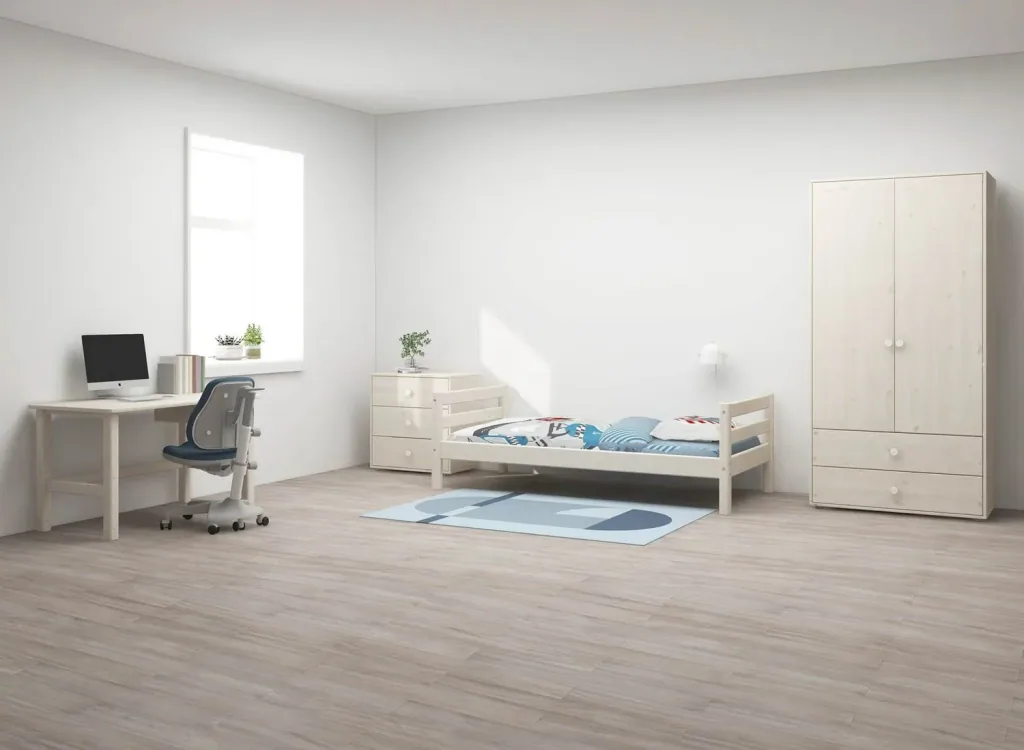 FLEXA Einzelbett, Juniorbett - Classic, Massivholz Kiefer, 90x200 cm, Integrierter Lattenrost, Farbe: Weiß gewaschene Kiefer