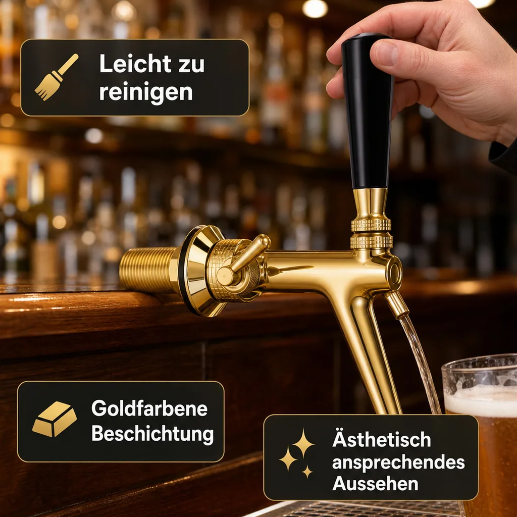 Zapfhahn, Kompensatorhahn, Bierzapfhahn, Schankhahn aus Chromnickelstahl mit Edelstahl Kompensator, Goldfarben
