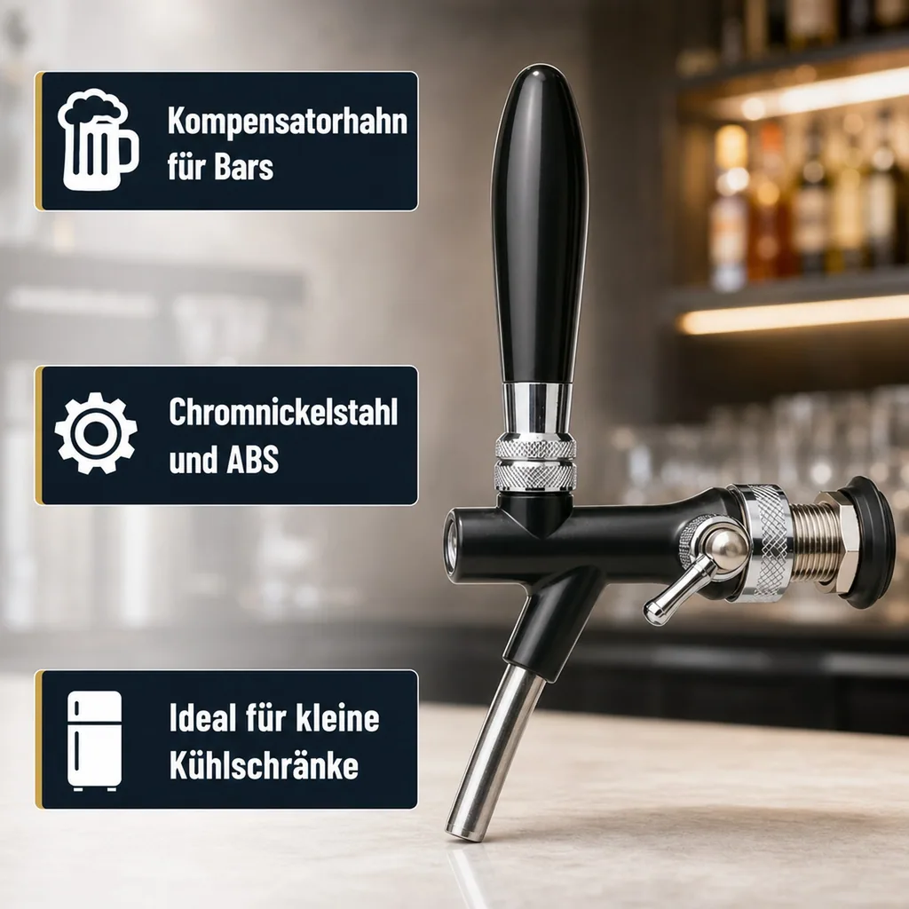 Zapfhahn, Kompensatorhahn, Bierzapfhahn, Schankhahn aus Chromnickelstahl und ABS-Kunststoff, Schwarz