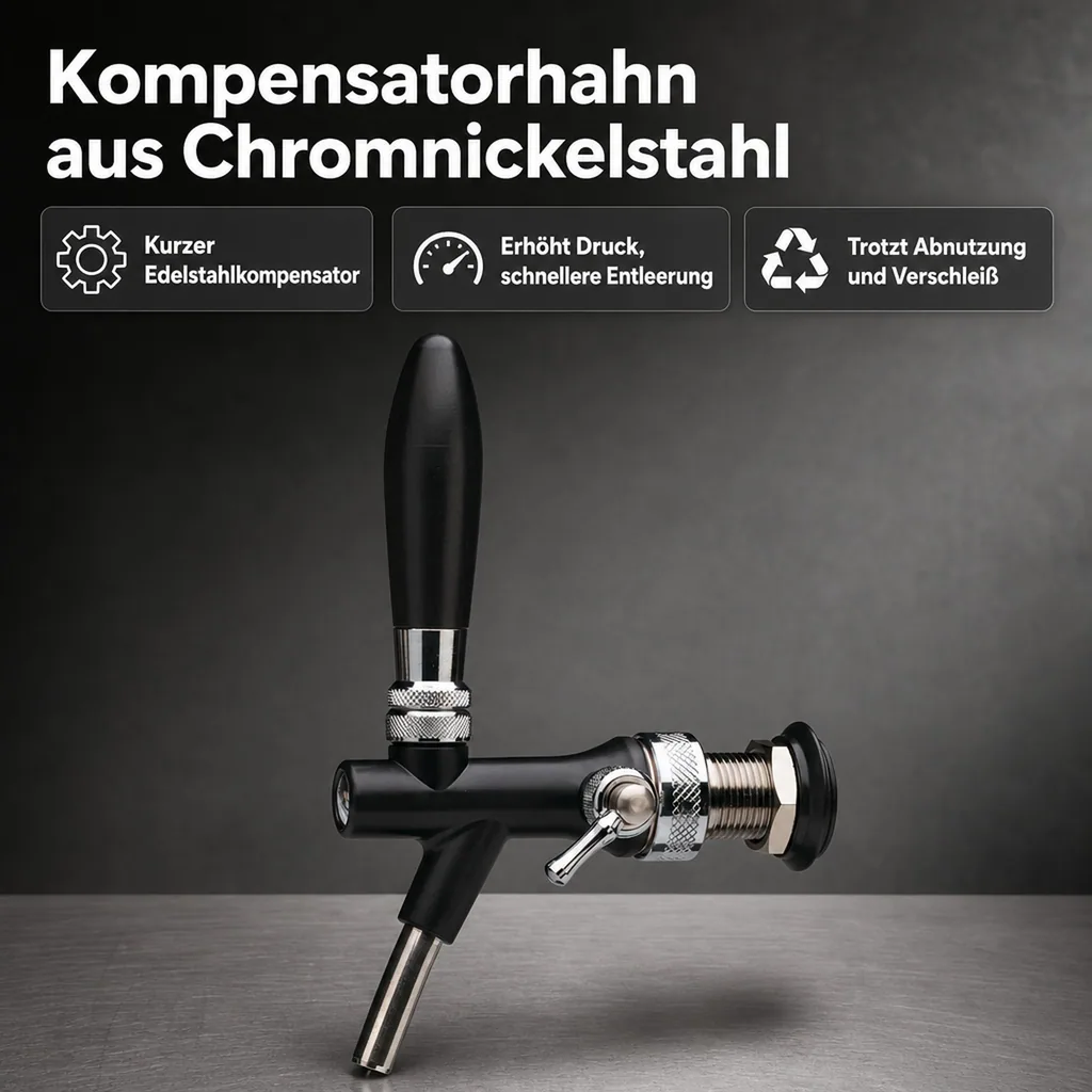 Zapfhahn, Kompensatorhahn, Bierzapfhahn, Schankhahn aus Chromnickelstahl und ABS-Kunststoff, Schwarz