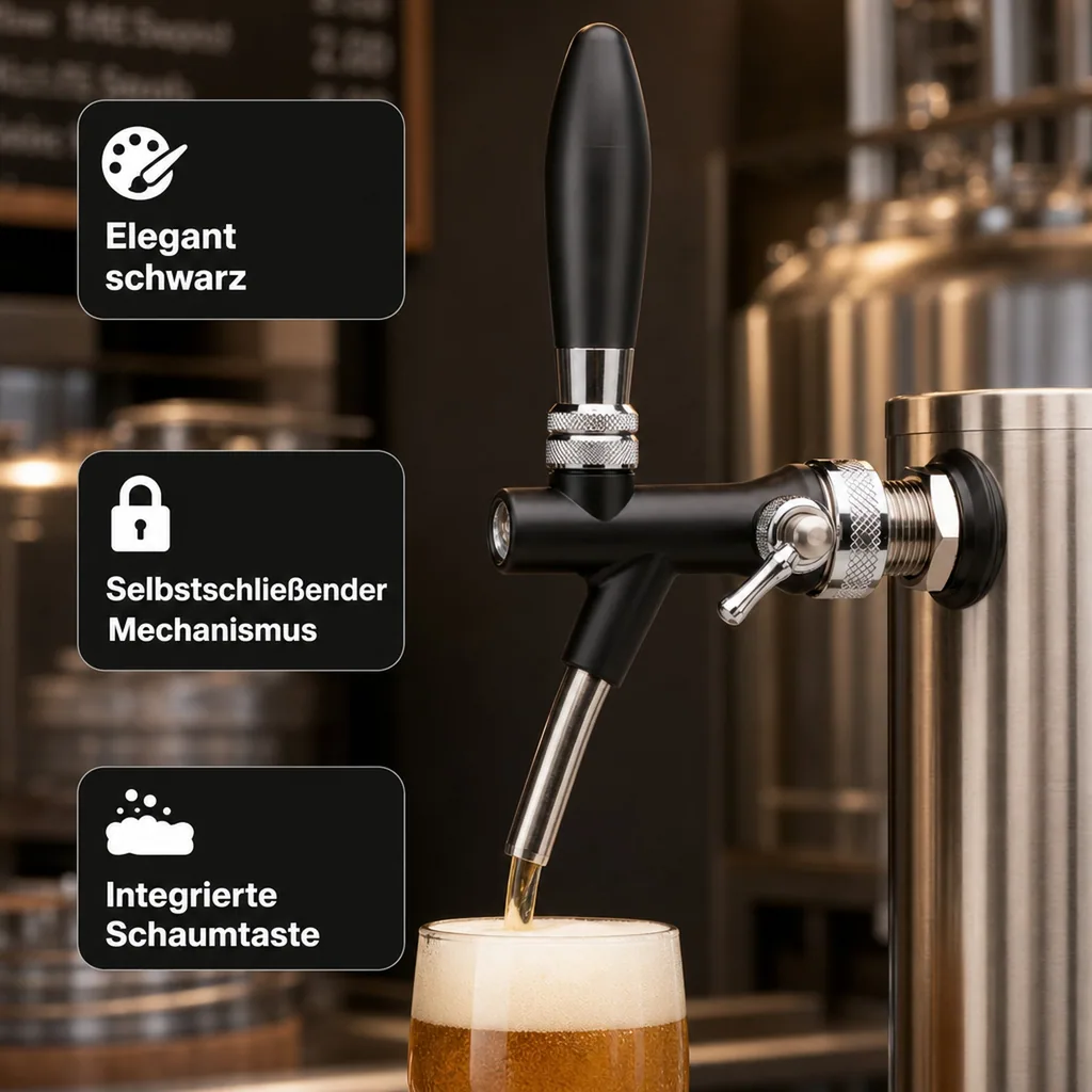 Zapfhahn, Kompensatorhahn, Bierzapfhahn, Schankhahn aus Chromnickelstahl und ABS-Kunststoff, Schwarz