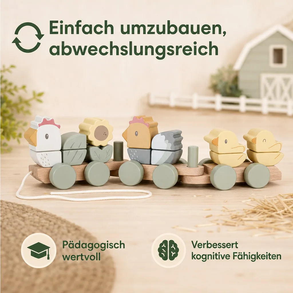 Little Dutch Holzzug Little Farm: Steckspiel holz mit Formen & Farben - Zug mit Hühnern & Küken (ab 18 Monaten)