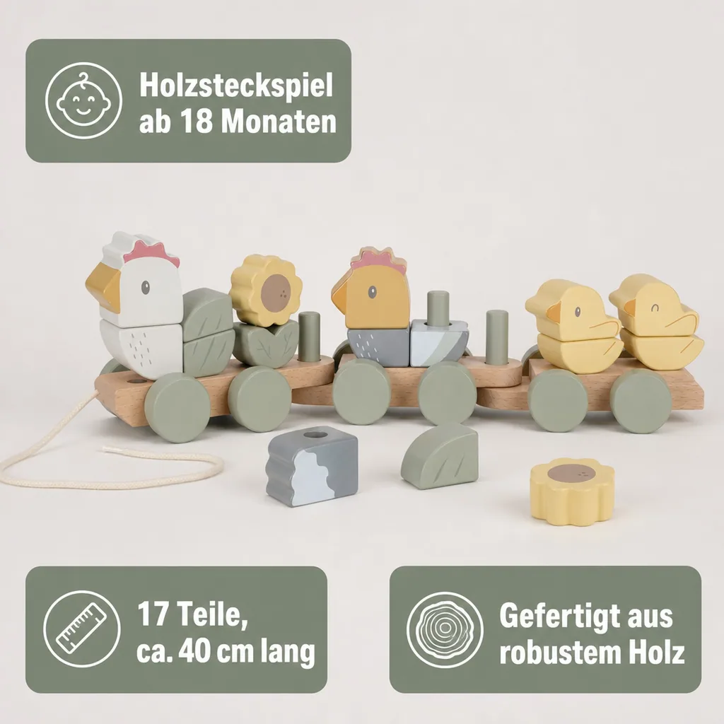 Little Dutch Holzzug Little Farm: Steckspiel holz mit Formen & Farben - Zug mit Hühnern & Küken (ab 18 Monaten)