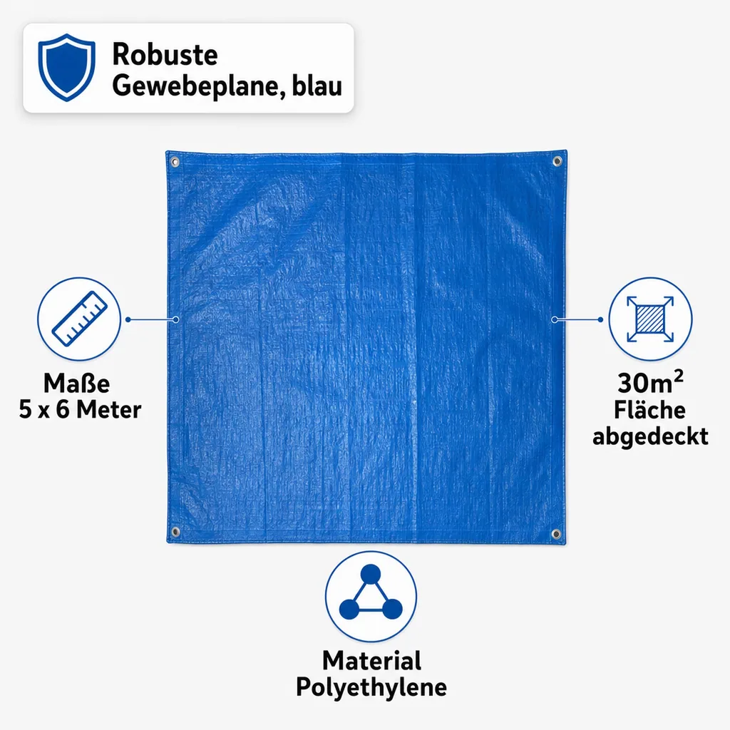 Gewebeplane 5x6m (30m²) blaue, Abdeckplane wasserdicht, reißfest und UV-beständig