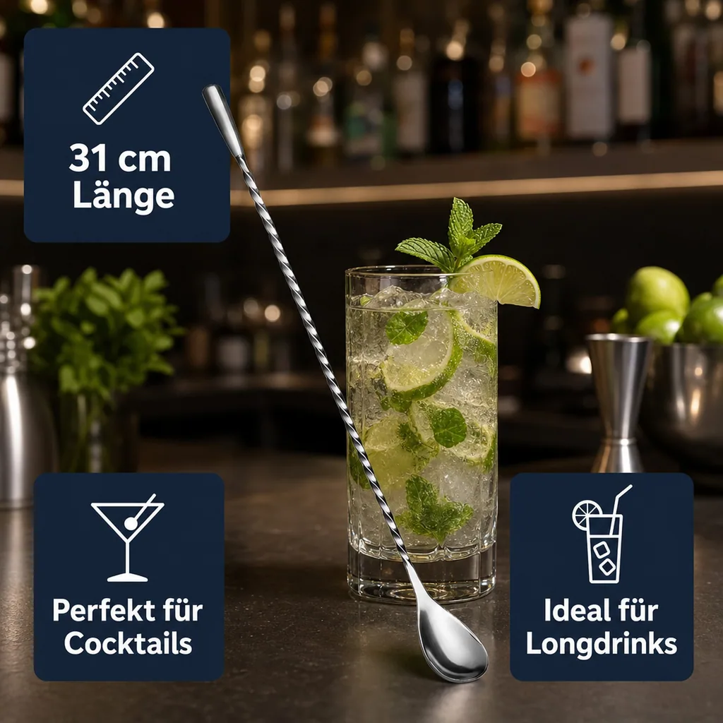 Barlöffel Gedreht Teardrop mit Metallknauf (31 cm) - Edelstahl | Für Cocktails & Longdrinks
