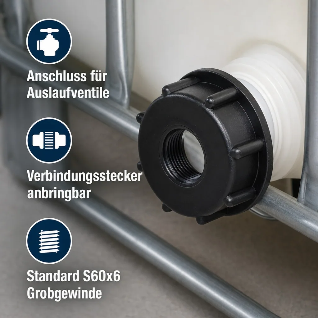 schwarze IBC Mutter m.Innengewinde S60 x 3/4" IG