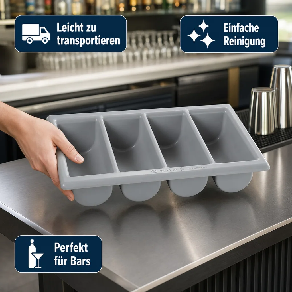 Besteckkasten, Besteckeinsatz, Besteckbox - (53 x 32,5 x 10cm): 4 Fächer, stapelbar & robust - ideal für Restaurants & Bars