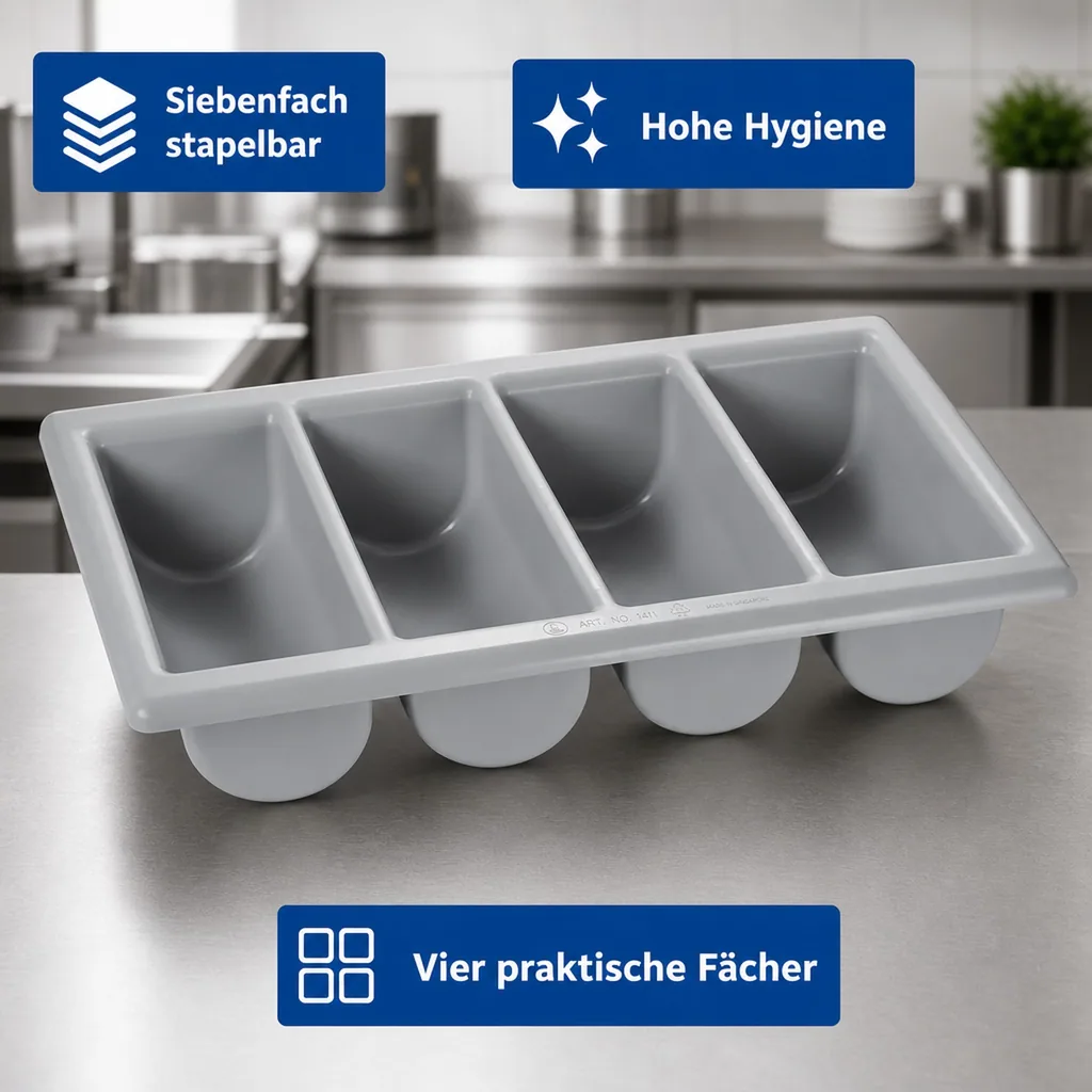 Besteckkasten, Besteckeinsatz, Besteckbox - (53 x 32,5 x 10cm): 4 Fächer, stapelbar & robust - ideal für Restaurants & Bars