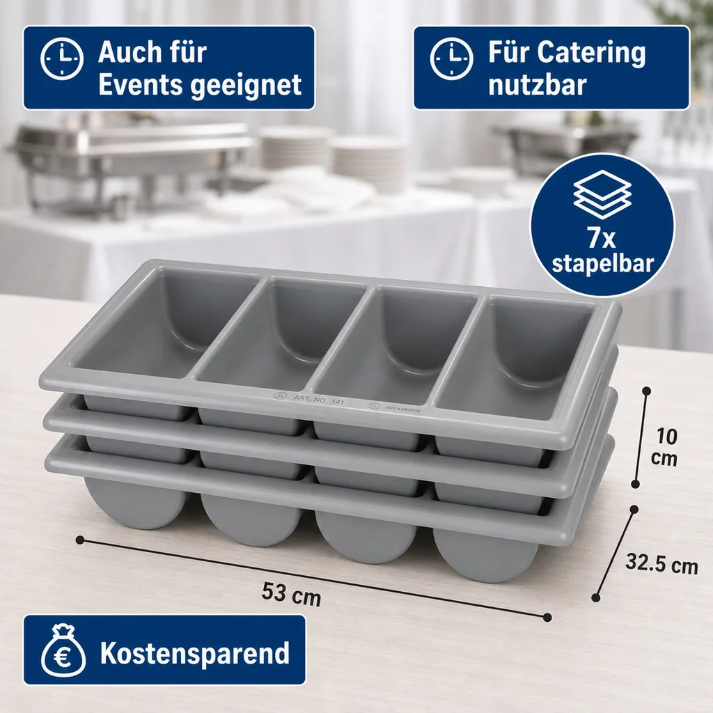 Besteckkasten, Besteckeinsatz, Besteckbox - (53 x 32,5 x 10cm): 4 Fächer, stapelbar & robust - ideal für Restaurants & Bars