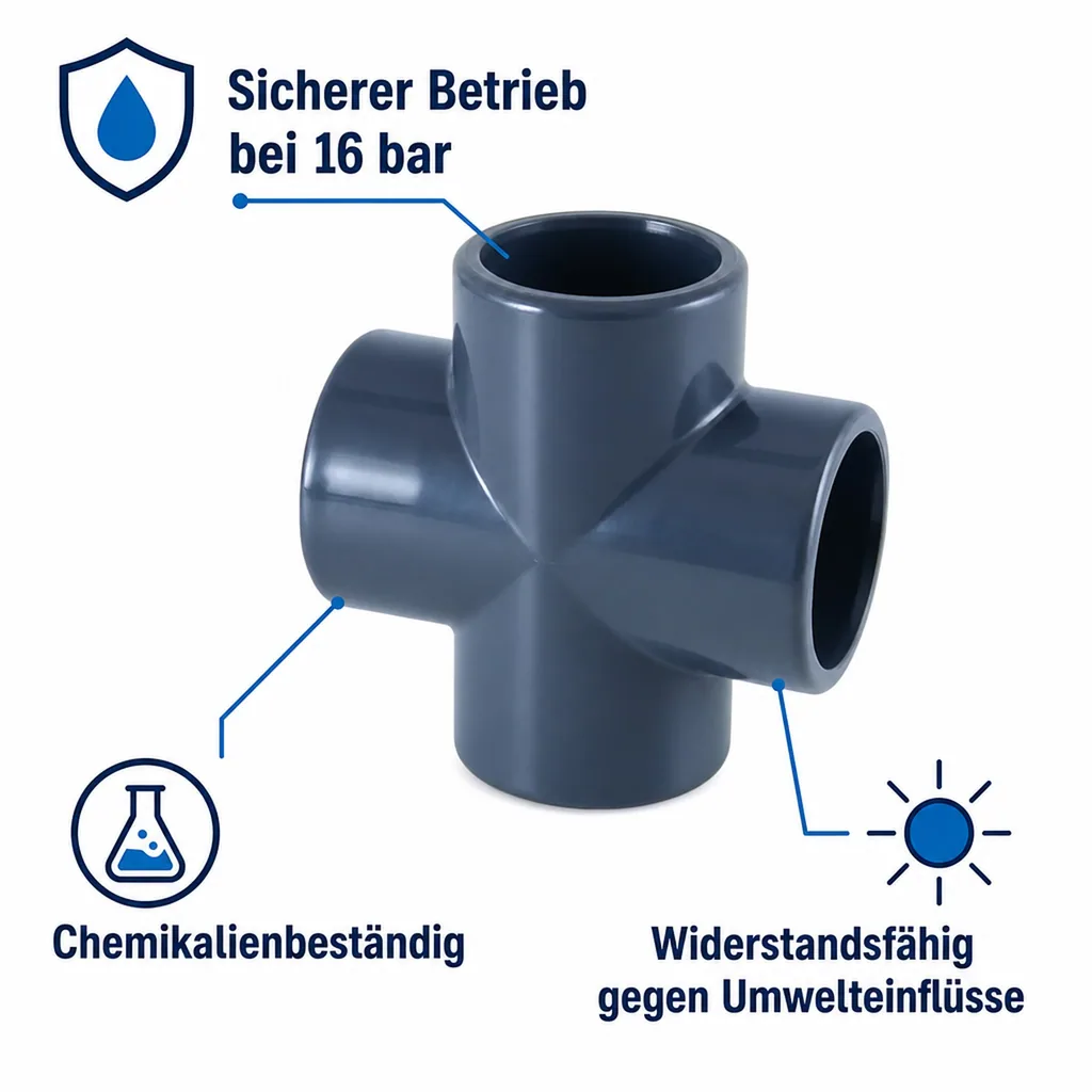 PVC Fittinge, PVC Kreuz Muffe 50mm PN16, Rohrverbinder