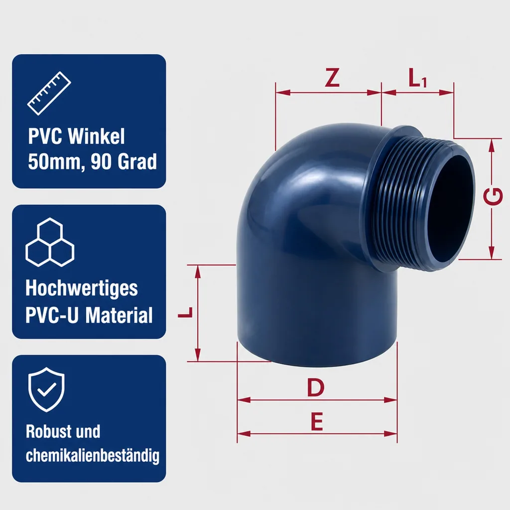 PVC Winkel 50mm, 90 Grad, PVC Fitting Muffe x AG, PN10