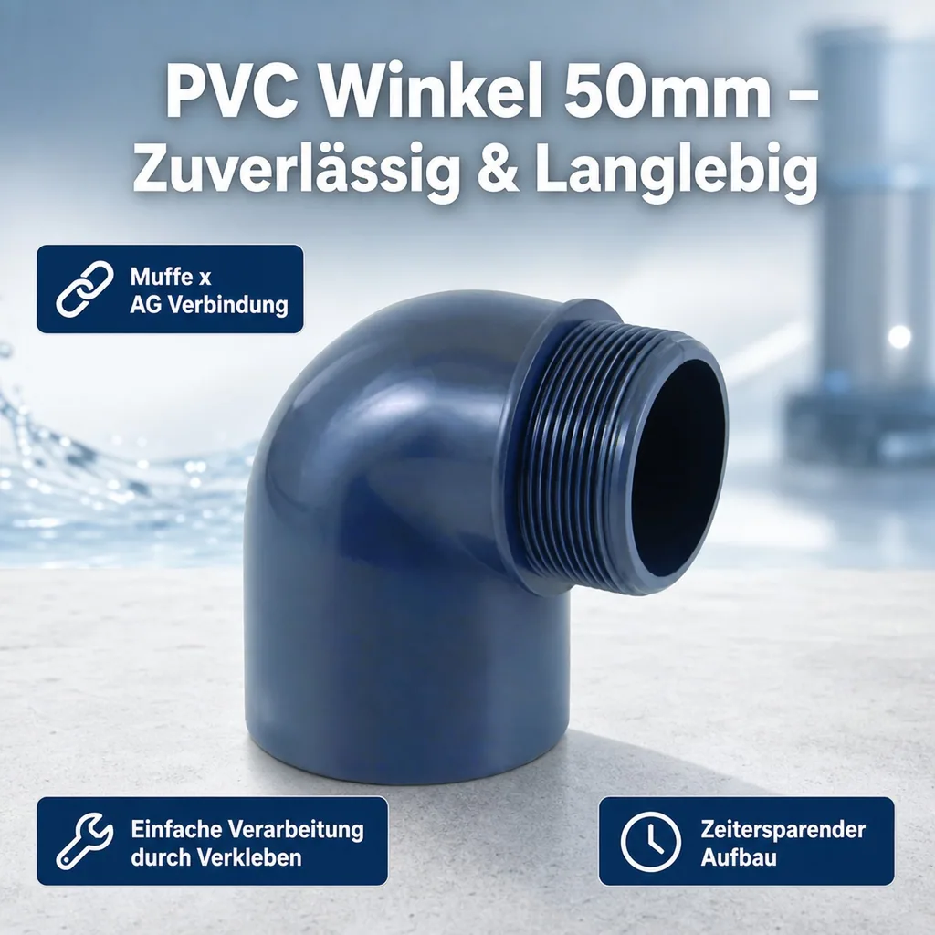 PVC Winkel 50mm, 90 Grad, PVC Fitting Muffe x AG, PN10