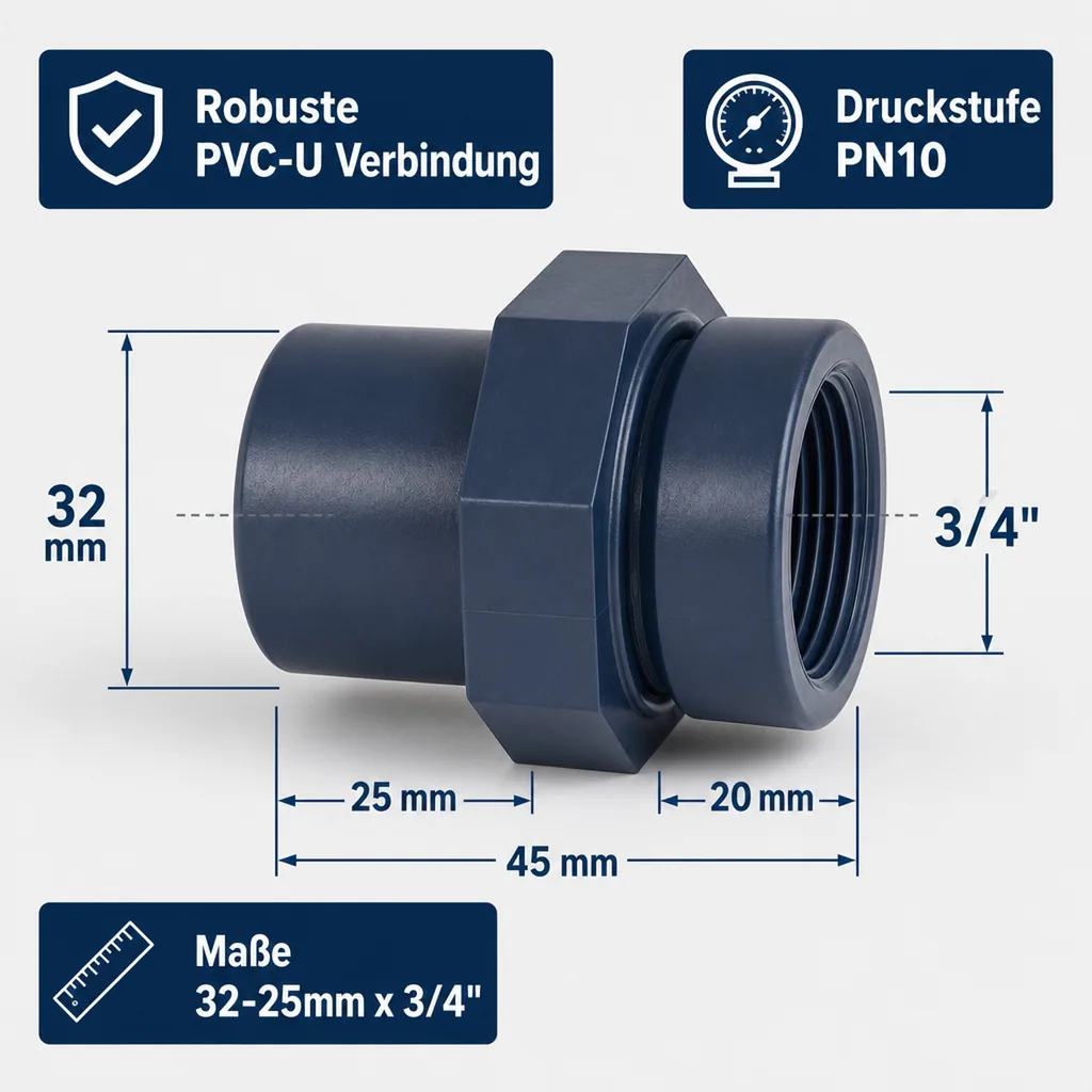 PVC Fitting, Übergangsmuffe, 32-25mm x 3/4 Zoll, PN10