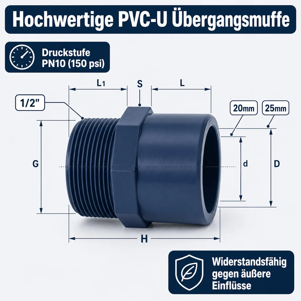 PVC Fittinge, Übergangsmuffe 25-20mm x 1/2", PVC-U, PN10