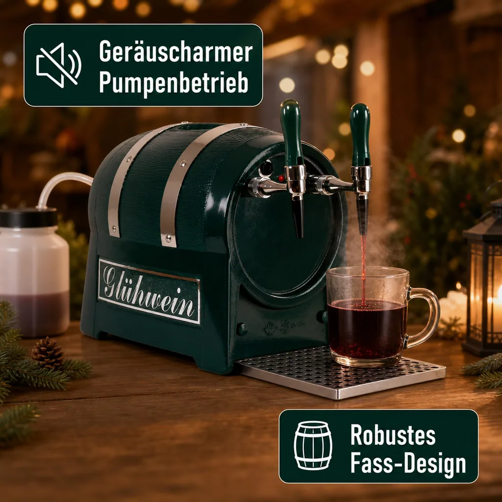 Glühweinautomat, Glühweinwärmer, Glühweinzapfanlage - Getränke-Durchlauferhitzer 3kW, Fassform, 2-leitig, mit elektrischer Pumpe