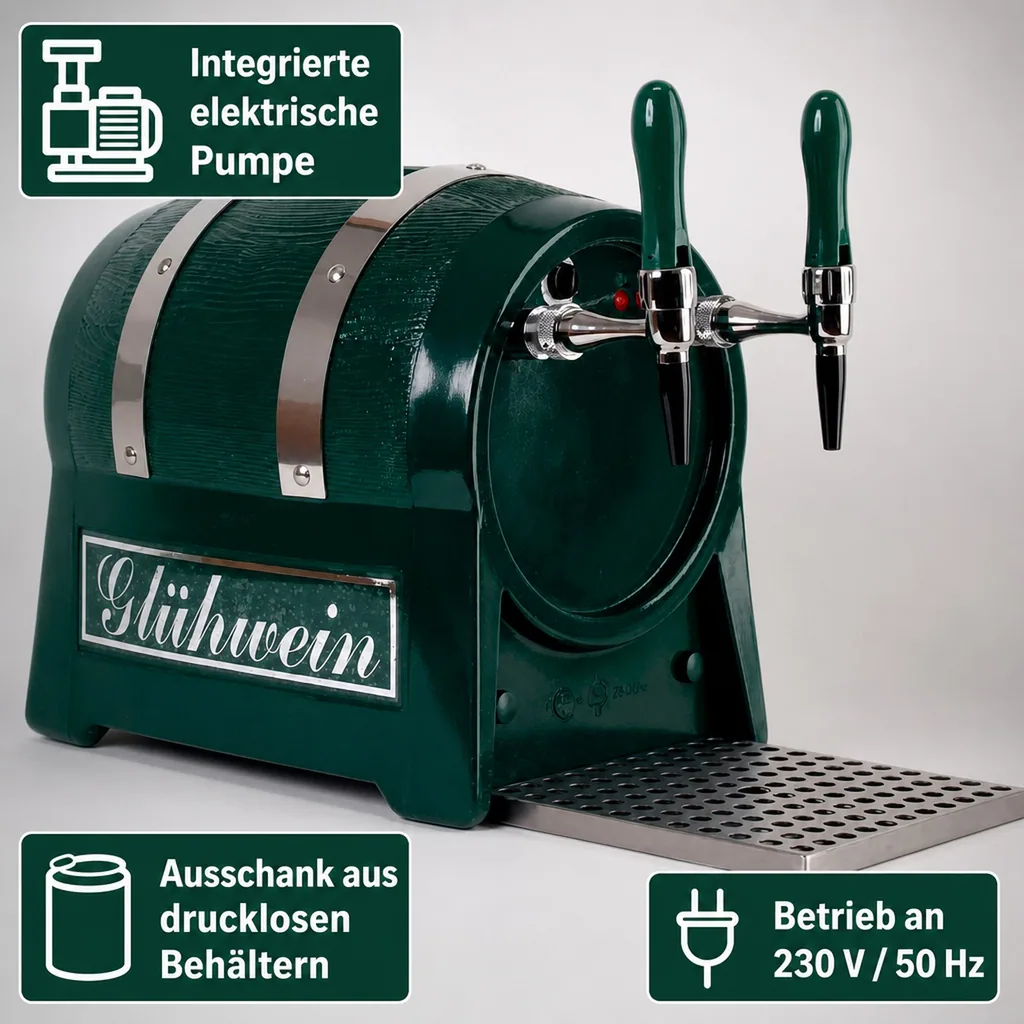 Glühweinautomat, Glühweinwärmer, Glühweinzapfanlage - Getränke-Durchlauferhitzer 3kW, Fassform, 2-leitig, mit elektrischer Pumpe