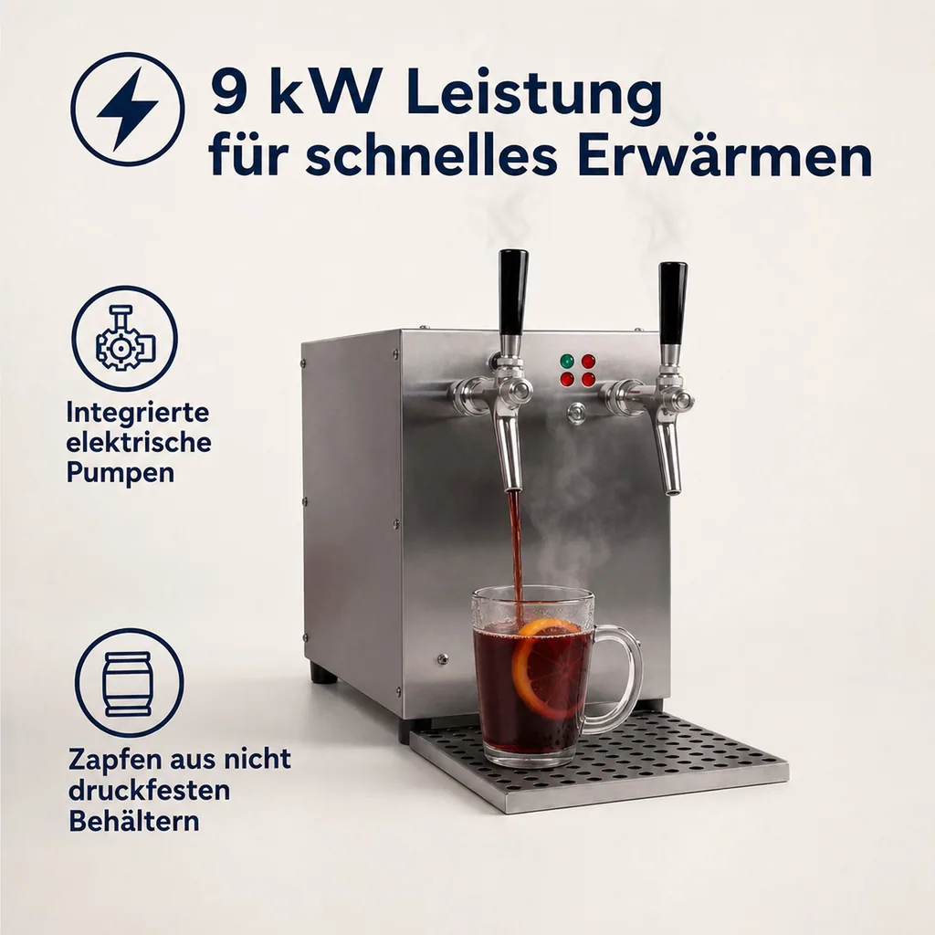 Glühweinzapfanlage, Getränke-Durchlauferhitzer, 9kW, mit elektrischer Pumpe, 2-leitig, Edelstahl-Gehäuse